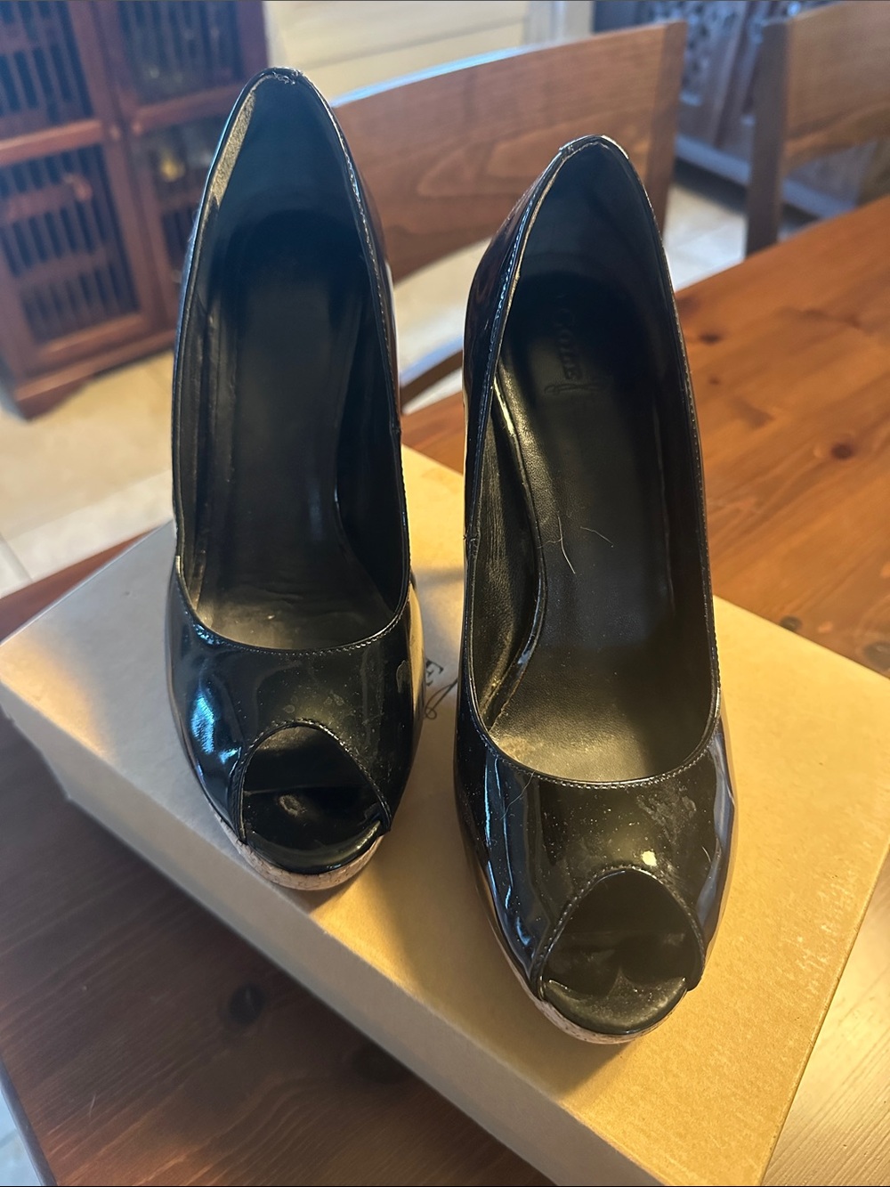 Cole Haan Black Patent Peep-Toe Heels